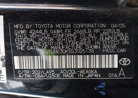 2005 Toyota Camry Xle from USA, damaged, VIN JTDBE30K553025138